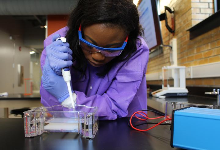 Scientist using a pipette at a lab bench